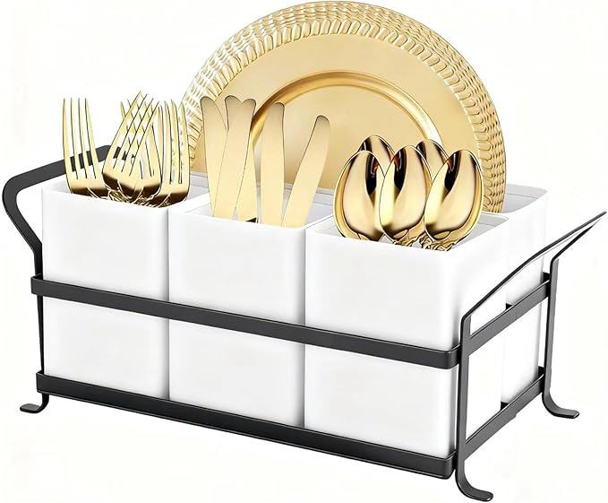 Silverware Caddy Metal Utensil Holder for Party Countertop Silverware Utensil Caddy Cutlery Flatware Organizer for Spoons Forks Plates Napkins white&Black by Unknown