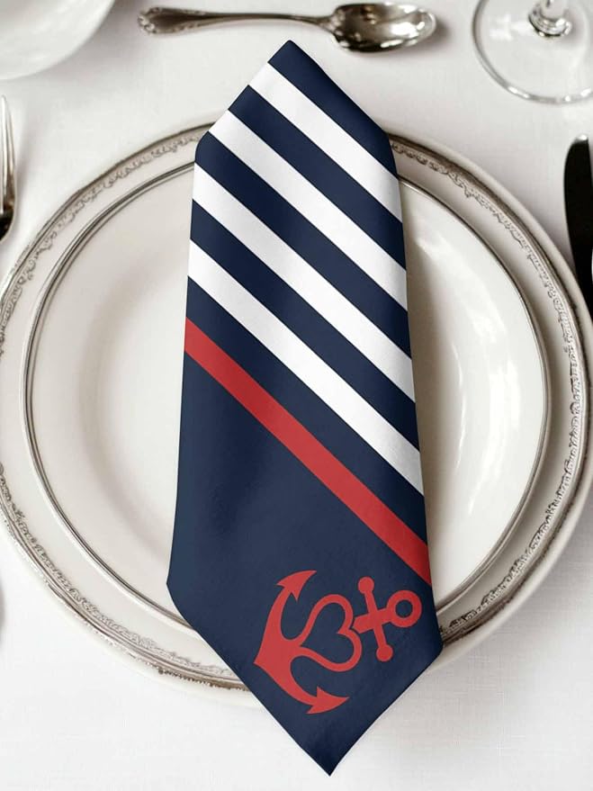 Navy Blue Striped Cloth Napkins Set of 4, Red Anchor Summer Seaside Dinner Napkins Cloth Washable, Cocktail Napkins Reusable for Wedding, Party, Birthday (20"x20") - Image 2