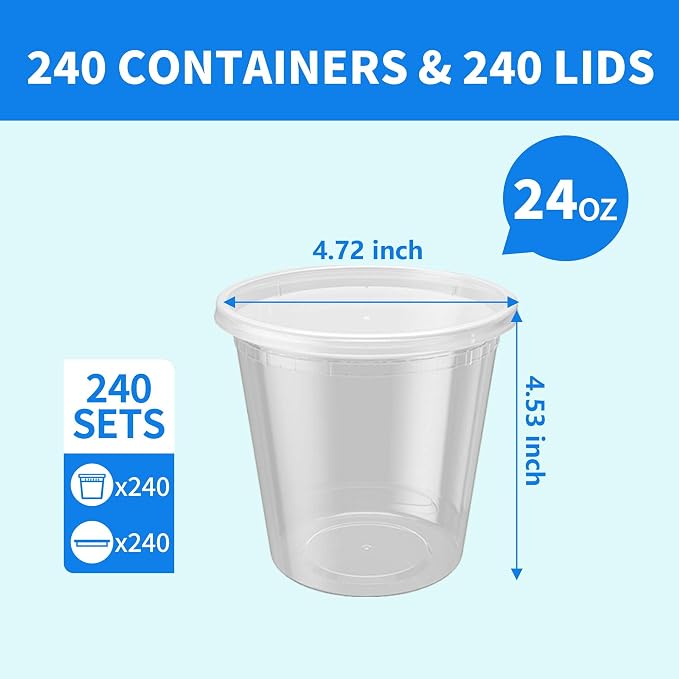 Plastic Deli Containers with Lids, 240 Sets 24 oz Leakproof Soup Cups | BPA-Free, Microwave Freezer Safe, Sturdy and Airtight, Crack-Proof for Takeout, Meal Prep, Slime, Leftovers Storage - Image 2