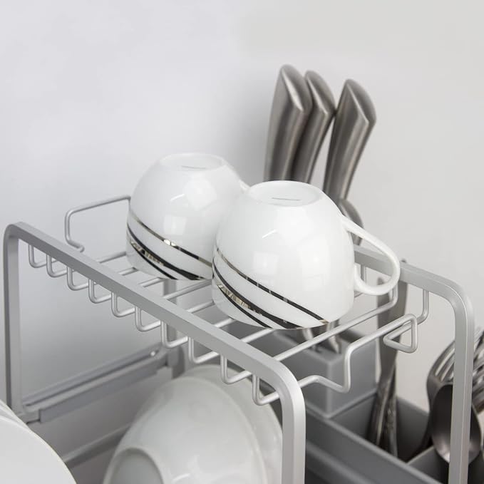 GMT-10353-B Aluminum Dish Drying Rack with Utensil Holder - 2 Tier Kitchen Countertop Rust Proof Dish Rack Lid Hanger and Drainboard Set - Large Dish Organizer Rack - Image 8