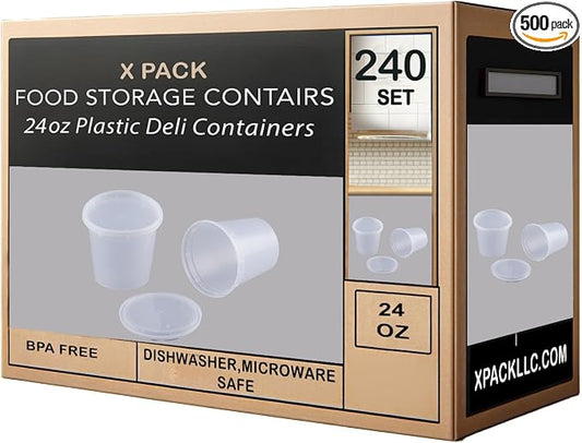 X PACK 24 oz [240 set] Reusable Deli Containers with Lids-Durable Food Storage Containers, Soup Bowl Airtight Seal | BPA Free | Stackable | Leakproof | Microwave/Dishwasher/Freezer Safe by XPACK