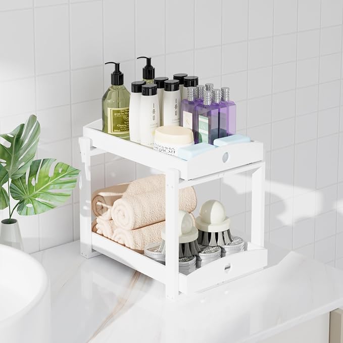 2 Pack Bamboo Under Sink Organizer, 2-Tier Sliding Drawers for Cabinets | Pull-out drawers keep cleaners and tall bottles visible, organized and easy to reach in kitchen or bathroom cabinets - Image 5