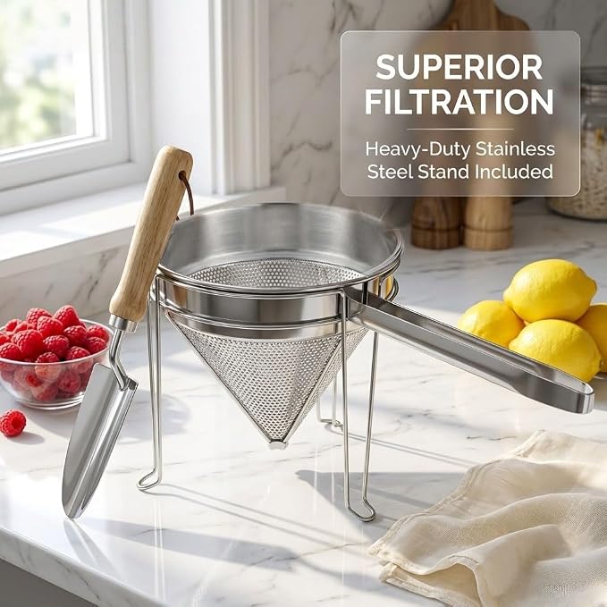 8 inch Stainless Steel Chinois Strainer with Stand, Fine Mesh China Cap Strainer with handle and Pestle for Tomato, Fruit,Soup and Jam Making. - Image 6