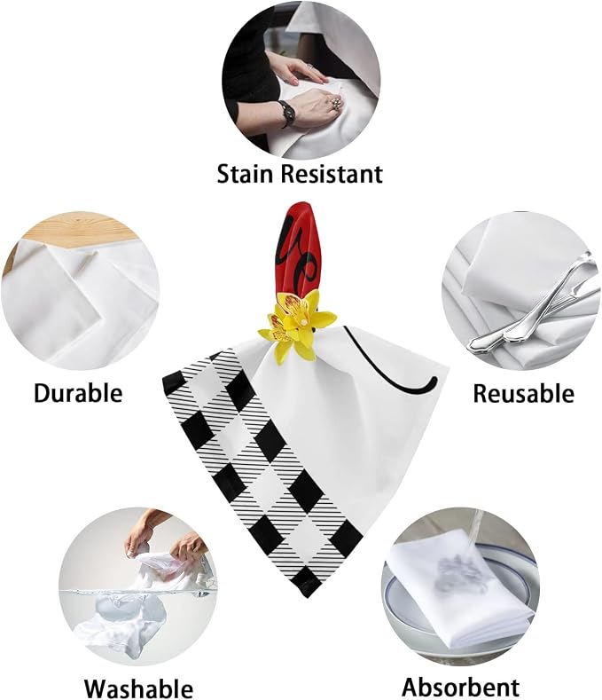 Kitchen Cloth Napkins 4 Pack Reusable Dinner Napkins Love Valentines Red Heart Black White Buffalo Plaid Polyester Soft Smooth Fabric Table Napkin for Wedding Banquet Party Decoration (20x20 Inches) - Image 6
