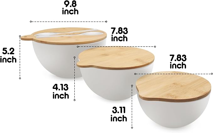 ECOWAY Salad Bowls Set of 3 with Seal Lid & Serving Utensils, Bamboo Fiber Mixing Bowls Set Large Serving Bowls & Storage Set with Bamboo Lid for Salad, Kitchen Eating, Pasta, Popcorn, Fruit, White - Image 5