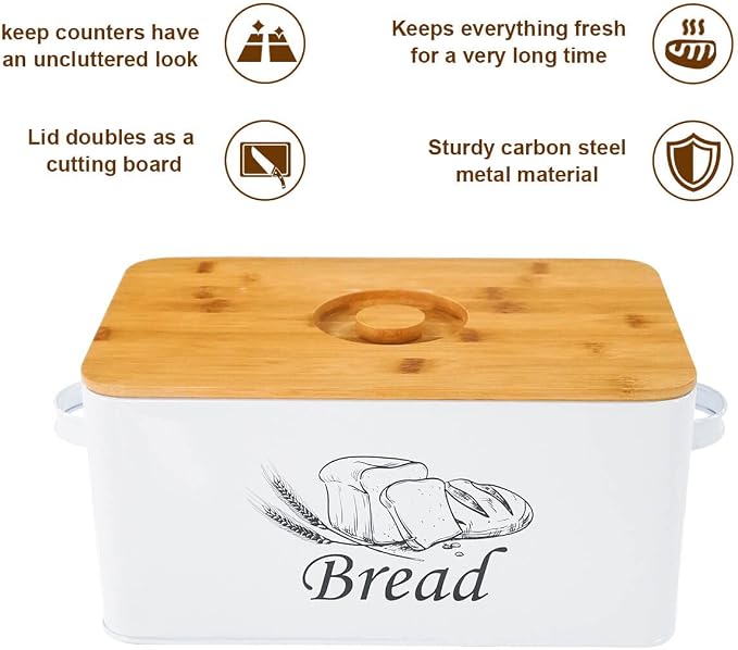 SOTECH Bread Box with 3pcs Jars Coffee Sugar Tea for Kitchen Countertop White Metal Bread Box with Bamboo Board Cover Pastry Storage Container Set Kitchen decor (White Box) - Image 2