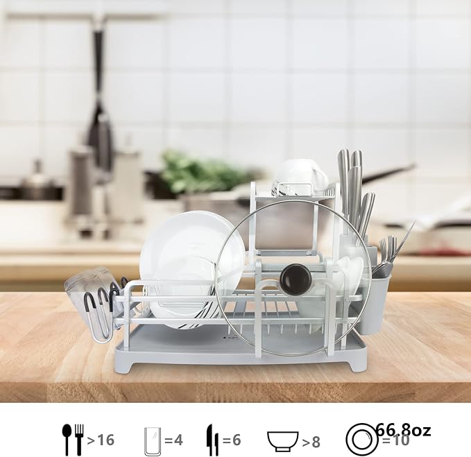 GMT-10353-B Aluminum Dish Drying Rack with Utensil Holder - 2 Tier Kitchen Countertop Rust Proof Dish Rack Lid Hanger and Drainboard Set - Large Dish Organizer Rack - Image 5