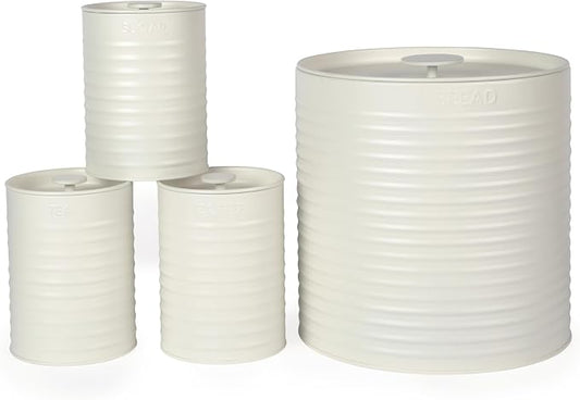 Russell Hobbs RH03270CEU7 Ribbed 4-Piece Countertop Set – Set of 3 Kitchen Storage Canisters & Bread Bin, Tea, Coffee and Sugar, Durable Steel, Pull Top Lids, Easy to Clean, Ribbed Design, Cream by Russell+Hobbs