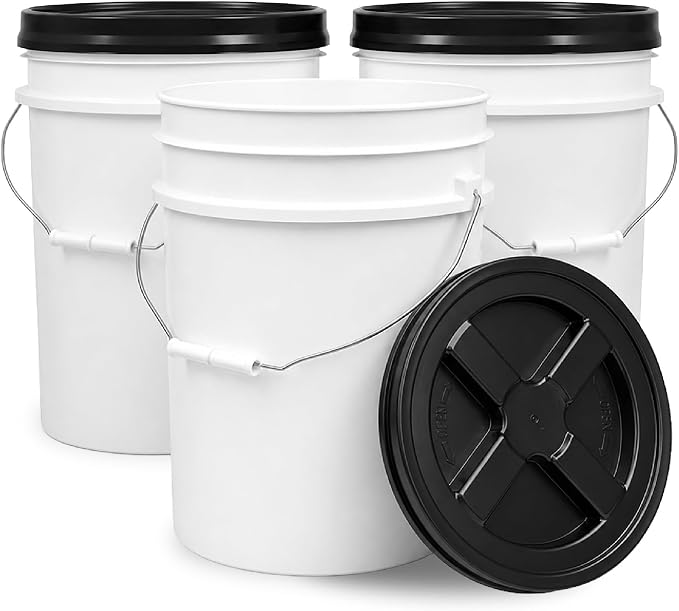 5 Gallon Bucket - Food Grade w/Lid BPA-Free, White/Black, 3 | Airtight Gamma Seal Screw-On Lid, Heavy-Duty 90 Mil HDPE Plastic, Food Safe and Durable Container, Bulk Storage, Made in USA by ePackageSupply