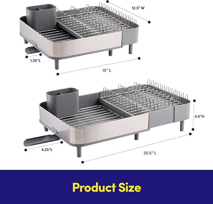 Dish Drying Rack Countertop Expandable Dish Drainer — Up to 20.5" Telescoping Premium Extending Drying Station Organizer with Drainboard, Removable Utensil Holder — Dish, Silverware & Cup Storage Gray - Image 2