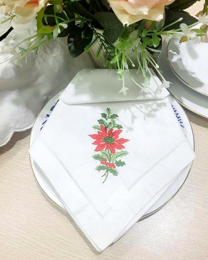 Embroidered Cloth Napkin Poinsettia and Holly Christmas Cotton Napkins Set of 6, 20 x 20 Hemstitch Table Napkins Machine Washable, Daily & Holidays, Great Gift Ideas - Image 2