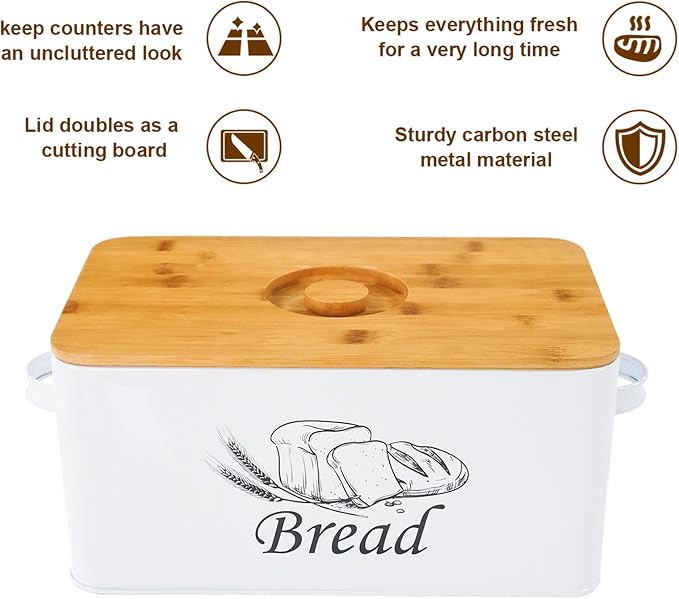 SOTECH Bread Box with 3pcs Jars Coffee Sugar Tea for Kitchen Countertop White Metal Bread Box with Bamboo Board Cover Pastry Storage Container Set Kitchen decor (white box with jars) - Image 3