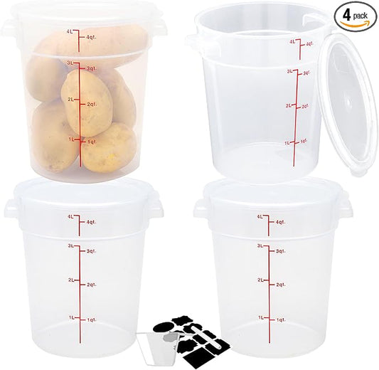 BIEAMA 4 Pack 4 Qt Round Food Storage Containers with Lids, Translucent PP | Include lids, labels, measuring cups and containers with capacity markings for food prep, pantry storage and dough proofing. by BIEAMA