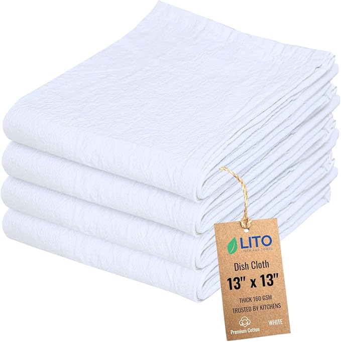 Dish Cloths Cotton| Kitchen Wash Cloth | Shop Towels Absorbent and Lint Free Flour Sack| Dishcloths for Kitchen Washing Dishes| Thick Absorbent Quick Dry Dish Rags | 4 Pack 13"x13" White by LITOLinenandTowel
