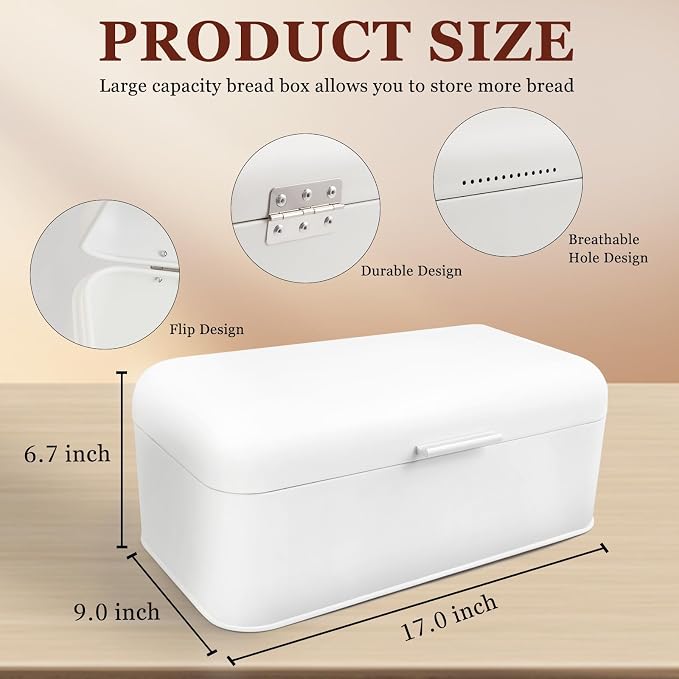 ENLOY Extra Large White Bread Box for Countertop, Stainless Steel Bread Storage Bin, Vintage Bread Box, Large Capacity Bread Keeper Holds Large Loaves - Image 2