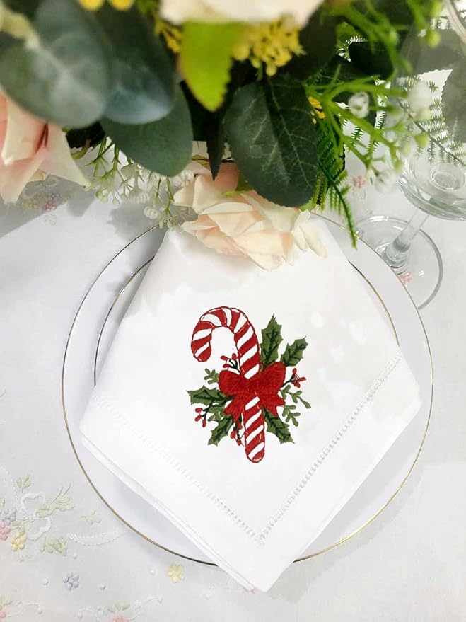– Embroidered Cloth Napkin Candy Christmas Design, Set of 6 100% Cotton Hemstitch Table Napkins 18x18, Machine Washable – Festive Holiday & Everyday Dining, Great Gift Ideas - Image 8