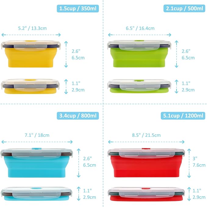 Collapsible Food Storage Containers with Airtight Lid, 4 Sizes, Annaklin Small and Large Stacking Silicone Collapsible Meal Prep Container Set for Leftover, Microwave Freezer Dishwasher Safe, Set of 4 - Image 5