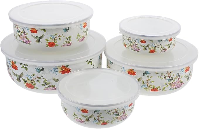 Cabilock 5-Piece Enamel Mixing Bowl Set with Lids - Vintage Nesting Food Storage Containers for Salad, Soup & Leftovers - Retro Farmhouse Kitchen Bowls, Space-Saving, Red - Image 6