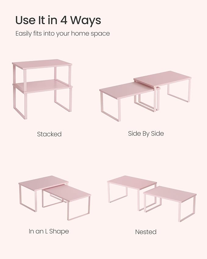 SONGMICS Cabinet Organizer Shelf, Set of 2 Kitchen Counter Shelves, Kitchen Storage, Spice Rack, Stackable, Expandable, Metal and Engineered Wood, 11.7 Inches, Jelly Pink UKCS020S01 - Image 4