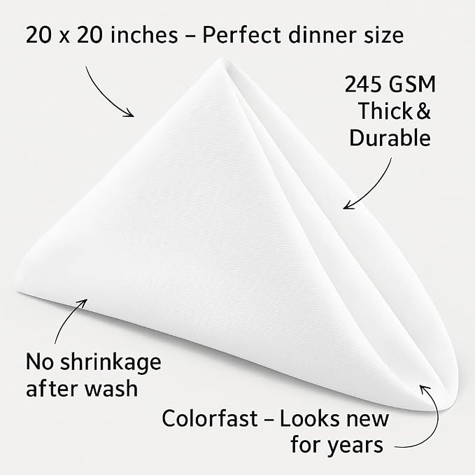 48 Pack Cloth Table Napkins/Linens - 20 Inch x 20 Inch - Easy Care 100% Spun Polyester - Cotton Like Feel - White - Image 3