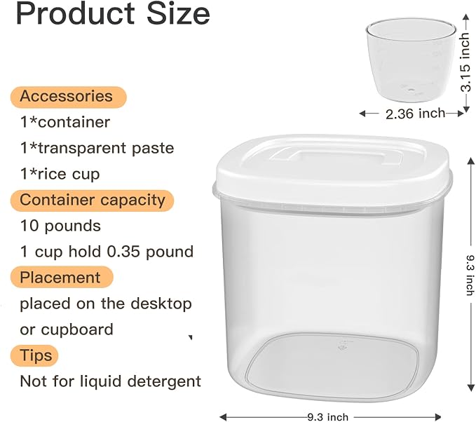 10 Lbs Rice Container Storage with Measuring Cup | 10lbs /5.0 Qt Capacity, Storage Rice & Cereal & Pet & Laundry Pod Bin, Kitchen Bathroom Pet Food Pantry - Image 3