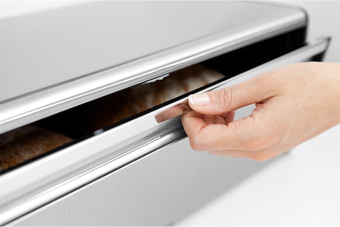 Brabantia Rectangular Fall Front Bread Box | Matt Steel | Large Metal Front Opening Bread Store for Kitchen Countertop | Flat Top for Extra Storage, Magnet Closing Lid | Fits 2 Loaves - Image 4