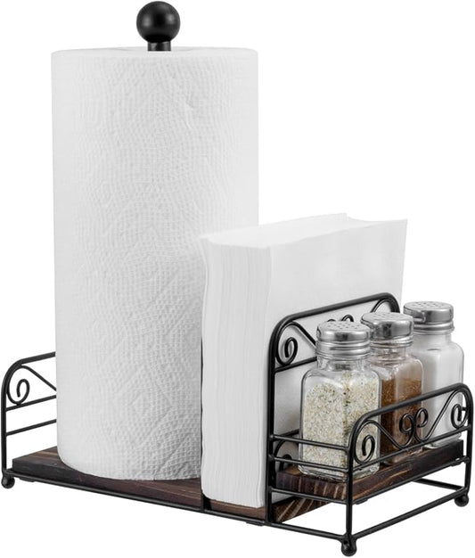 MyGift Matte Black Metal Wire Scrollwork Paper Towel Roll Holder Combo Caddy with Rustic Burnt Solid Wood Base, Napkin Holder, and Spice Rack by MyGiftHome