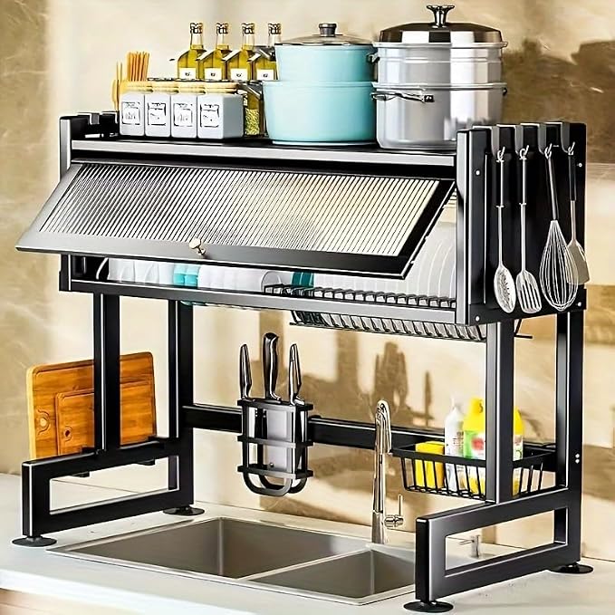 Over The Sink Dish Drying Rack, Over Sink Dish Drain Drying Rack for Kitchen Storage of Dishes and Cutlery, Space Saving Dish Rack with Cover, (Black, 33.5 inch) - Image 7