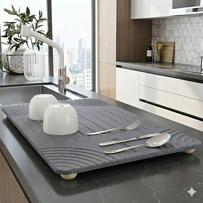 Large Diatomaceous Earth Stone Dish Drying Mat - 24" x 16" Quick Dry Non-Slip Food Grade Fast Absorbent Quartz-Enhanced Rapid Water Absorbing Countertop Mat For Dish Rack - Image 3