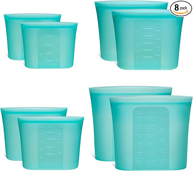 8-Pack Reusable Silicone Food Storage Bags, 100% Silicone Stand-Up Wide-Open Zip-Lock Reusable Storage Bags for Food, Freezer Microwave Oven Dishwasher Safe, Aqua, 2XL(0.8 Gallon) 2M 2S 2XS by SiliseaDirect