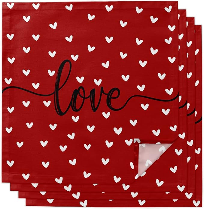 Kitchen Cloth Napkins 4 Pack Reusable Dinner Napkins Valentine's Day White Love Heart Red Texture Polyester Soft Smooth Fabric Table Napkin for Wedding Banquet Party Decoration (20x20 Inches) by T%26H+XHome