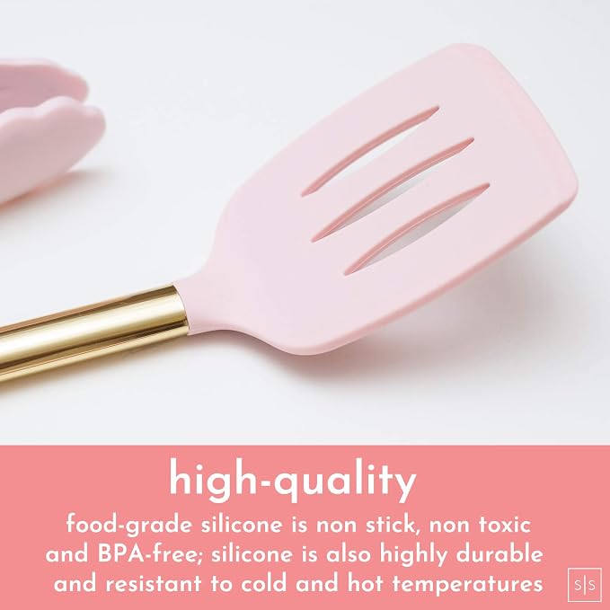 Styled Settings Gold and Pink Kitchen Utensil Set with Holder, 7-Piece | Nonstick Silicone Cooking Utensils Set with Gold Utensil Holder, White and Gold Kitchen Accessories for Modern Kitchens - Image 2