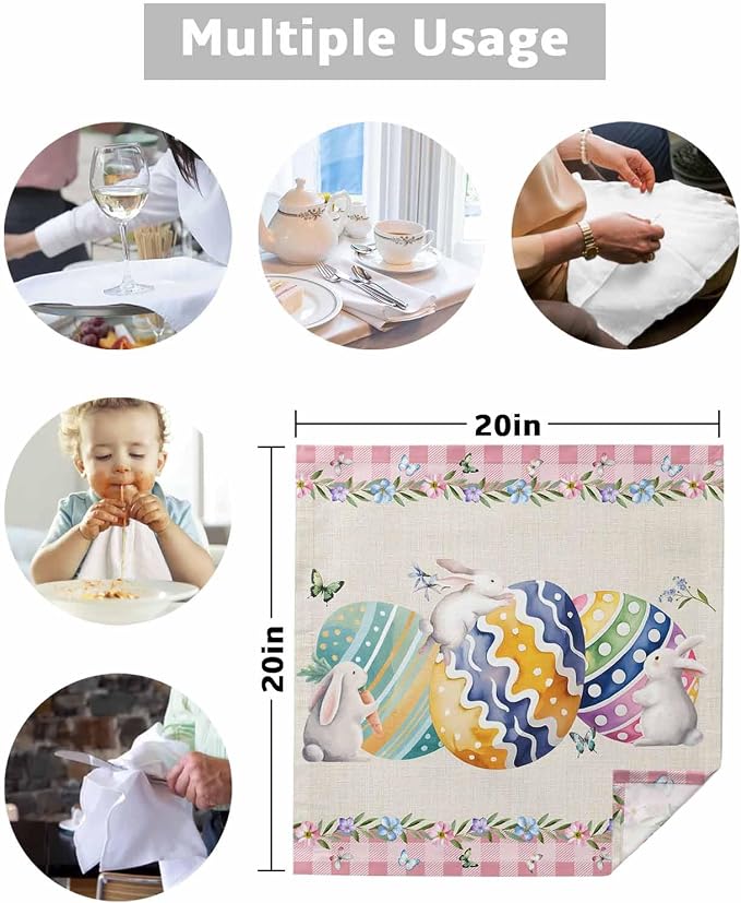 Easter Eggs Cloth Napkins Set of 8, Spring Watercolor Bunny Butterflies Floral Pink Buffalo Plaid Dinner Napkins Cloth Washable, Cocktail Napkins Reusable for Wedding, Party, (20"x20") - Image 7