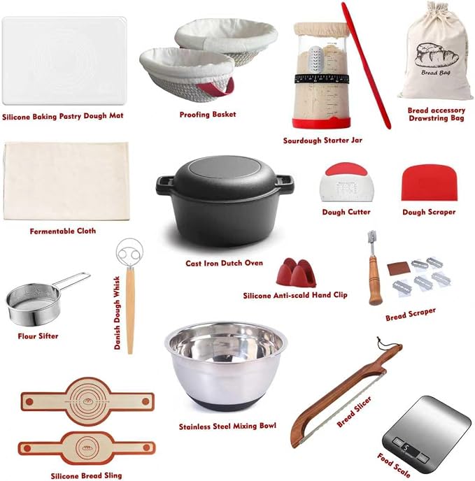 Sourdough Bread Starter Kit Baking Supplies with Cast Iron Dutch Oven for Bread Baking 34 Oz Starter Jar 2 Cotton Rope Banneton Proofing Basket Best Gift Set - Image 2