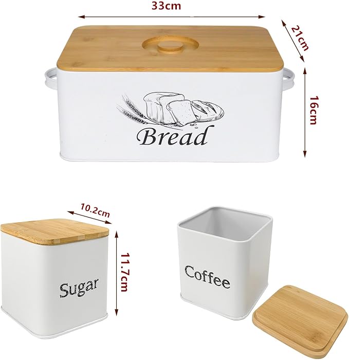 SOTECH Bread Box with 3pcs Jars Coffee Sugar Tea for Kitchen Countertop White Metal Bread Box with Bamboo Board Cover Pastry Storage Container Set Kitchen decor (white box with jars) - Image 6