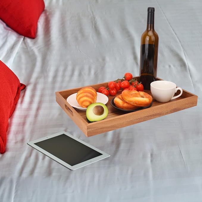 2 PCS Acacia Wood Serving Tray with Handles - 17 x 11.5 Inch Elegant Rectangle Wooden Tray for Food, Decorative Snack Tray, Breakfast and Kitchen Tray, Ideal Wooden Serving Platter for Homes - Image 6