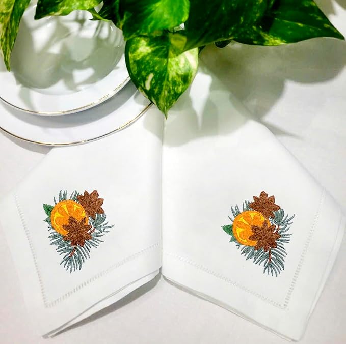 Embroidered Cloth Napkins, Set of 6 – Pine Cone, Orange & Palm Leaf Design – 20x20 Hemstitch Cotton Table Napkins – Machine Washable, Holiday & Everyday Use, Great Gift Idea - Image 8
