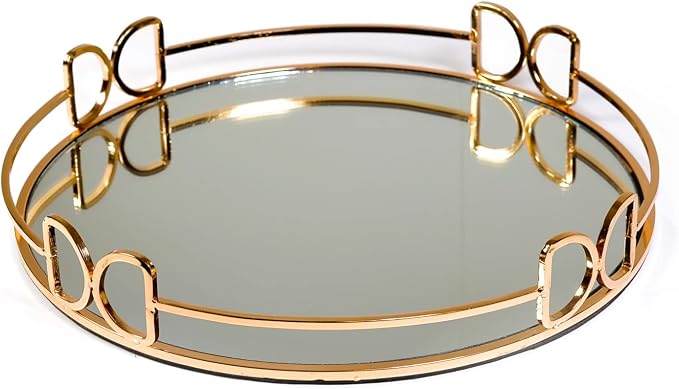 Decorative Tray Metal Mirrored Round Serving Trays with Butterfly Handles Perfume Jewelry Trinket Organizer for Bathroom Vanity Home Décor (Gold, 12") by Lindlemann
