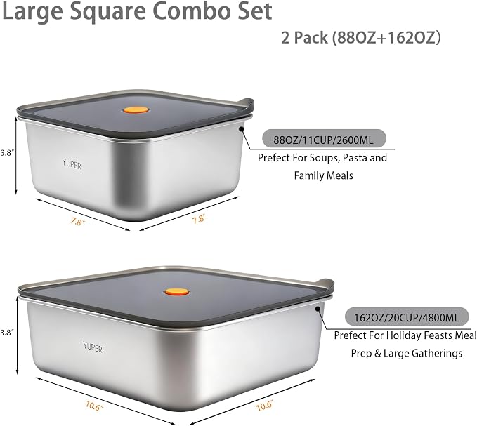YUPER Stainless Steel Food Containers, 2 Pack (88+162OZ) | Meal Prep Containers Set with Lids, BPA-Free, Leak-Proof & Airtight, for Fruits, Lunch and Leftovers Fridge Storage - Image 2