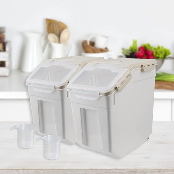 AnRui Airtight Flour Storage Container 25lb, Plastic Grain Storage Bucket, Rice Cereal Dispenser Organizer Box with Lid, Cat Dog Food Storage Bin with Measuring Cup, Scoop, Wheels, 2Pcs Grey - Image 7