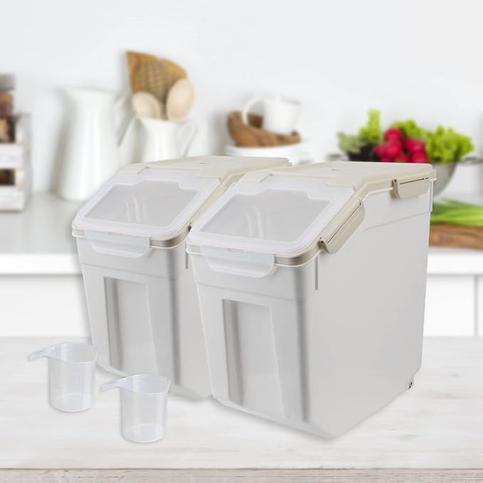 AnRui Airtight Flour Storage Container 25lb, Plastic Grain Storage Bucket, Rice Cereal Dispenser Organizer Box with Lid, Cat Dog Food Storage Bin with Measuring Cup, Scoop, Wheels, 2Pcs Grey - Image 7
