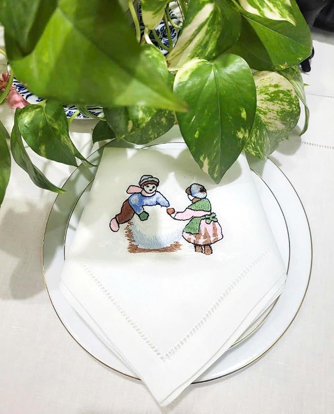Embroidered Children Play with Snow Design Cloth Napkins Set of 6, 17"x17" Hemstitch Table Napkins Dinner Napkin Machine Washable for Dining Room, Daily & Holidays, Events, Great Present Ideas - Image 2