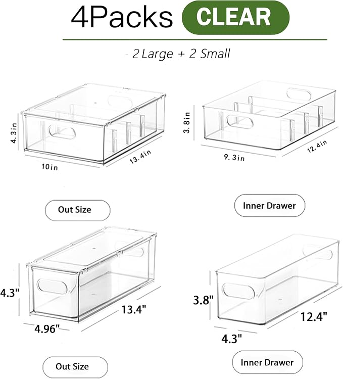 bealy 4 Pack Clear Storage Drawer Set, Stackable Fridge Drawer Organizer Fruit Vegetable Storage Containers for Kitchen Pantry Organization,BPA-Free - Image 2