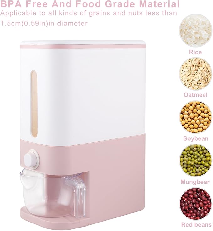Rubtlamp 22.5-25 Lbs Pink Rice Dispenser, Rice Storage Container, Pink Rice Storage Container with Measuring Cup, Rice Holder Bucket for Household Kitchen Rice Soybean Corn - Image 5