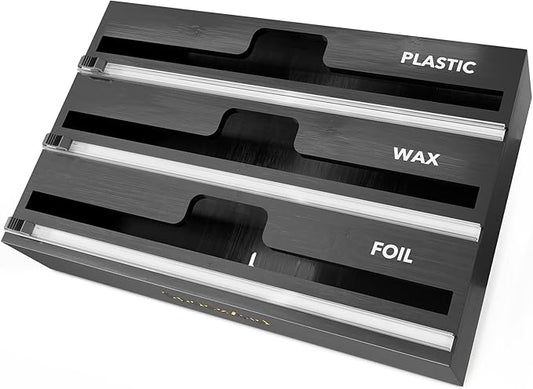 SpaceAid WrapNeat 3 in 1 Wrap Organizer with Cutter and Labels, Plastic Wrap, Aluminum Foil and Wax Bamboo Dispenser for Kitchen Storage Organization Holder for 12" Roll (Black) by SpaceAid
