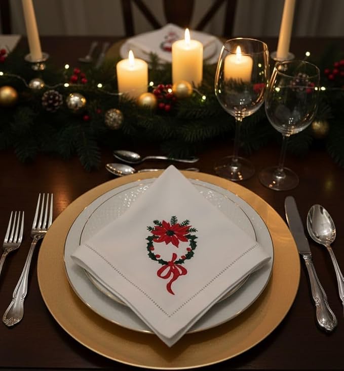 Embroidered Cloth Napkin Poinsettia Wreath Christmas Cotton Napkins Set of 6, 20 x 20 Hemstitch Table Napkins, Machine Washable, Daily & Holidays, Great Gift Ideas - Image 3