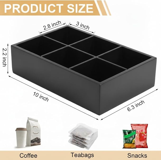 Maitys 4 Pcs Wooden Divided Storage Organizer Wood Container with 6 Compartments Food Storage Bin Wooden Tea Drawer Box Bin Holder Case for Snacks Tea Bags Coffee Sugar - Image 2