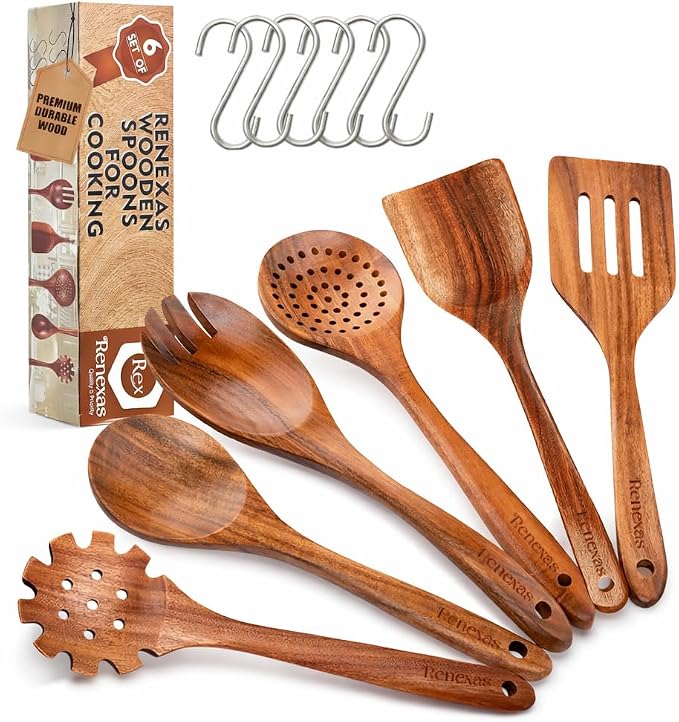 Kitchen Utensils Set, 6 Piece Teak Wooden Utensil Set for Cooking, Premium Teak Cooking Utensils, Non Toxic Wooden Spoons & Spatulas, Heat Resistant Kitchen Tools for Nonstick Cookware by Renexas