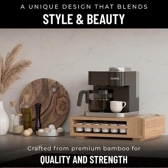 Bamboo Keurig Pod Organizer, Large 36 K-Cup Capacity Aesthetic Under Machine K-Cup Storage Drawer, Space-Saving Keurig Stand With Storage, 3 Slots For Tea & Spoons, Fits Keurig Brewers - Image 2