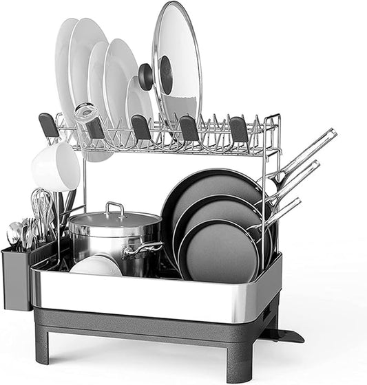 2-Tier Stainless Steel Dish Drying Rack with Drainboard – Large Kitchen Counter Organizer, Includes Utensil, Cup & Cutting Board Holders by Unknown